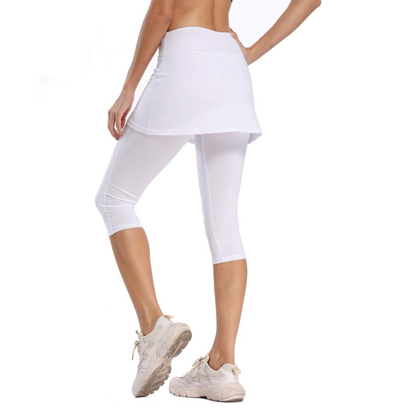 Ibeauti Womens UPF 50+ Yoga Skirted Capri Leggings Golf Tennis Pants with Skirt for Running Workout Active (White, Medium) - Image 1